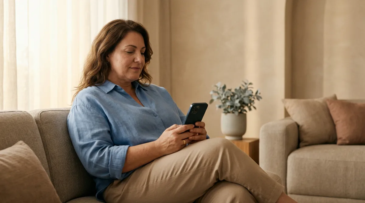 Mujer consultando su programa de Senda Health en el móvil desde el sofá de casa